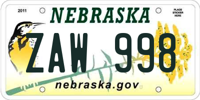 NE license plate ZAW998
