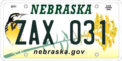 NE license plate ZAX031