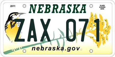 NE license plate ZAX071