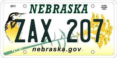 NE license plate ZAX207