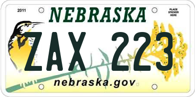 NE license plate ZAX223