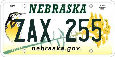 NE license plate ZAX255