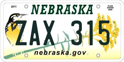 NE license plate ZAX315