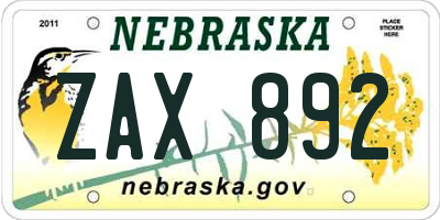 NE license plate ZAX892