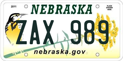 NE license plate ZAX989