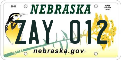 NE license plate ZAY012