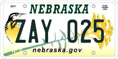 NE license plate ZAY025