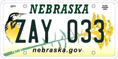 NE license plate ZAY033