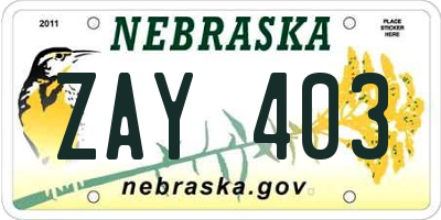 NE license plate ZAY403