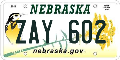 NE license plate ZAY602
