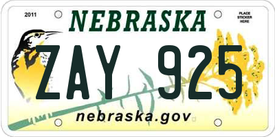 NE license plate ZAY925