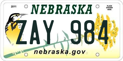 NE license plate ZAY984