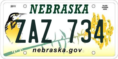 NE license plate ZAZ734