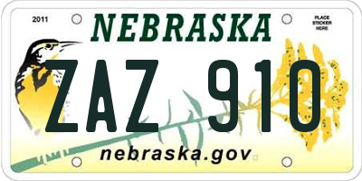 NE license plate ZAZ910