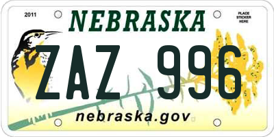 NE license plate ZAZ996