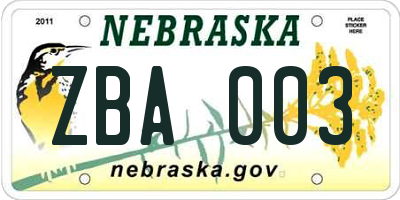 NE license plate ZBA003