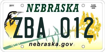 NE license plate ZBA012
