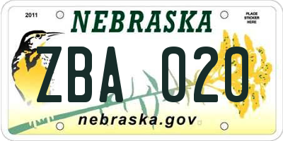 NE license plate ZBA020
