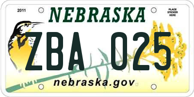 NE license plate ZBA025