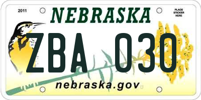 NE license plate ZBA030
