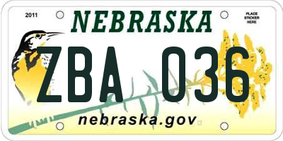 NE license plate ZBA036