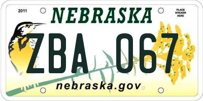 NE license plate ZBA067