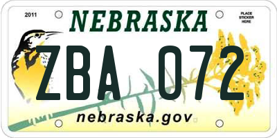 NE license plate ZBA072