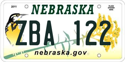 NE license plate ZBA122