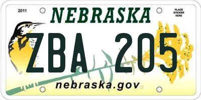 NE license plate ZBA205