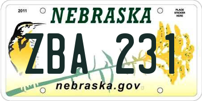 NE license plate ZBA231