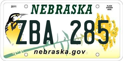 NE license plate ZBA285