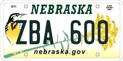 NE license plate ZBA600