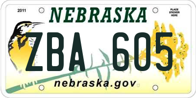 NE license plate ZBA605