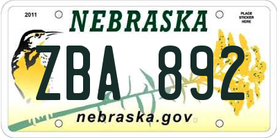 NE license plate ZBA892