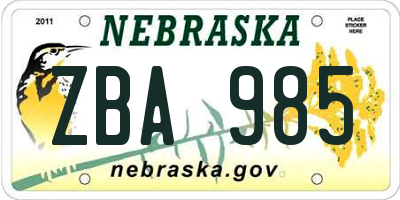 NE license plate ZBA985