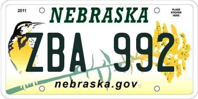 NE license plate ZBA992