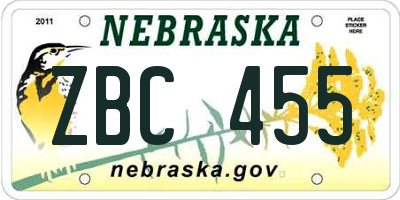 NE license plate ZBC455