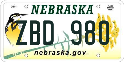 NE license plate ZBD980