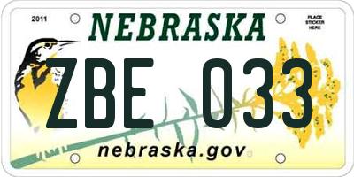 NE license plate ZBE033