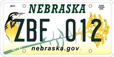 NE license plate ZBF012
