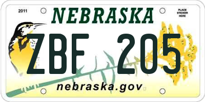NE license plate ZBF205