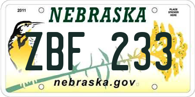 NE license plate ZBF233