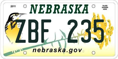 NE license plate ZBF235