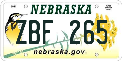 NE license plate ZBF265
