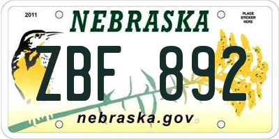 NE license plate ZBF892