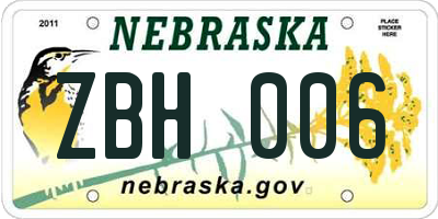 NE license plate ZBH006