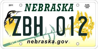 NE license plate ZBH012