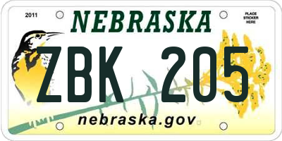 NE license plate ZBK205