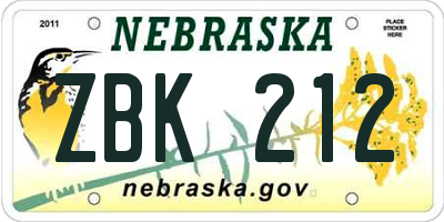 NE license plate ZBK212