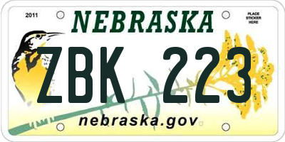 NE license plate ZBK223